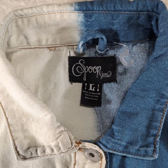Spoon Jeans Cropped Denim Distressed Jean Jacket Size LARGE Blue White Buttons - Picture 5 of 6